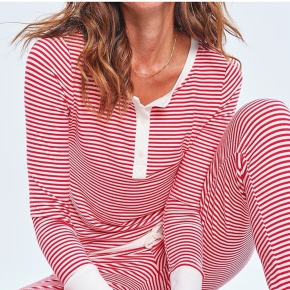 dip Soft Waffle Henley Stripe Pajama Joggers Set Red White Candy Stripe Size L - Picture 6 of 15